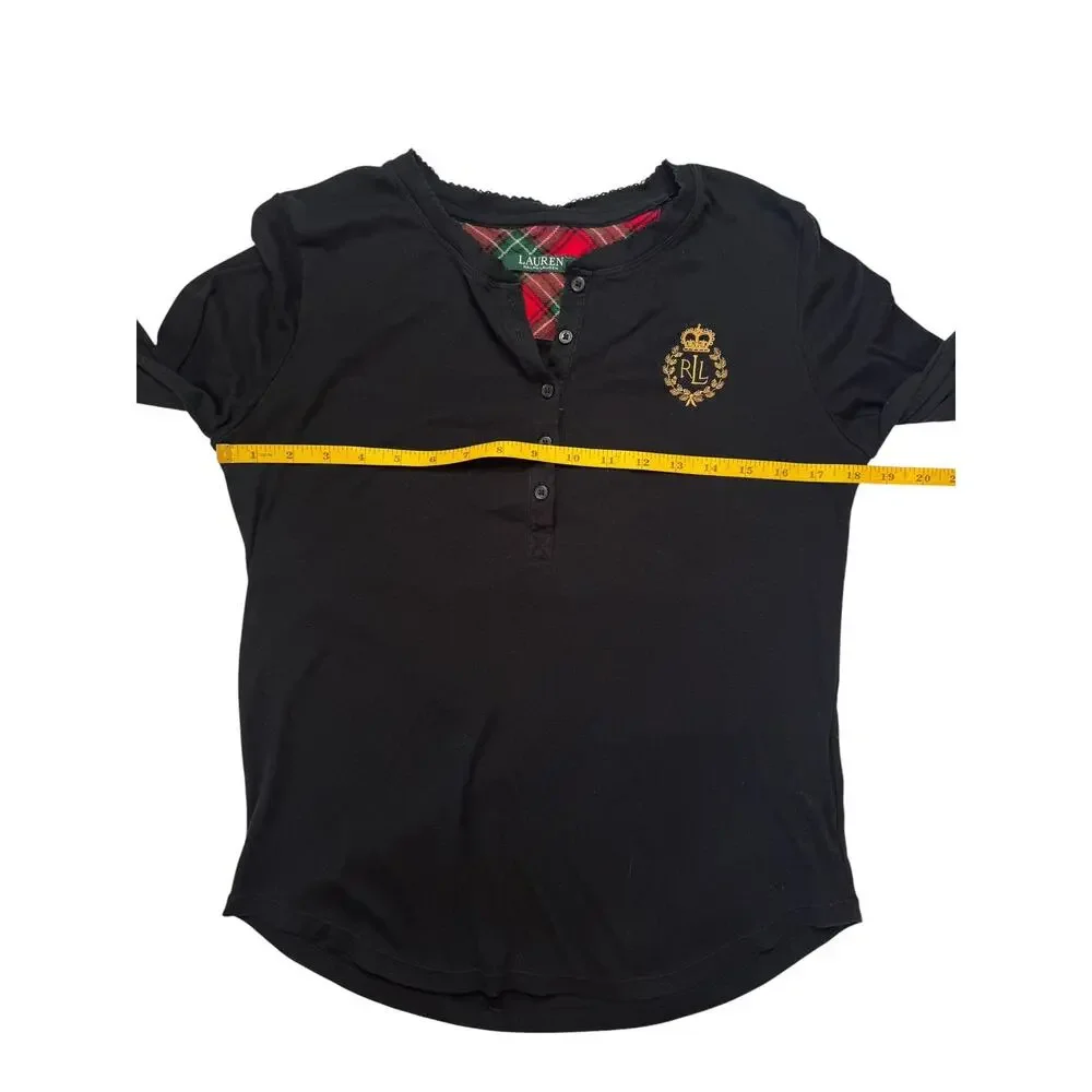 RALPH LAUREN LRL Gold Embroidered Logo Henley Tee in Black Size Medium Womens
